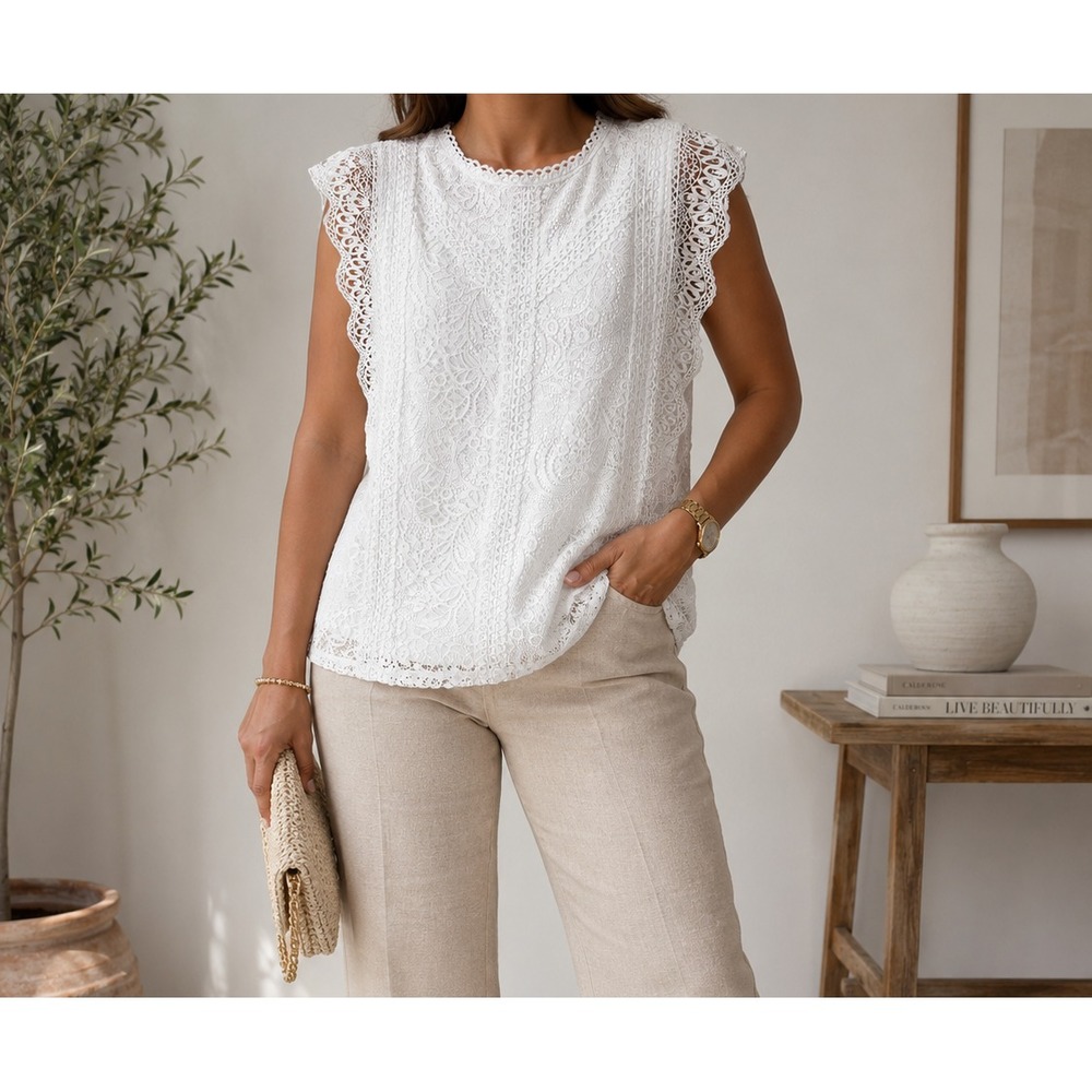 Cable &‎ Gauge White Lace Flutter Sleeve Blouse Top Women's Size (L)